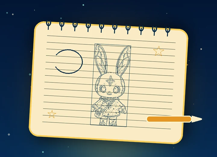 星光中的奶油色画本,孩子用铅笔画出故事兔子草图
